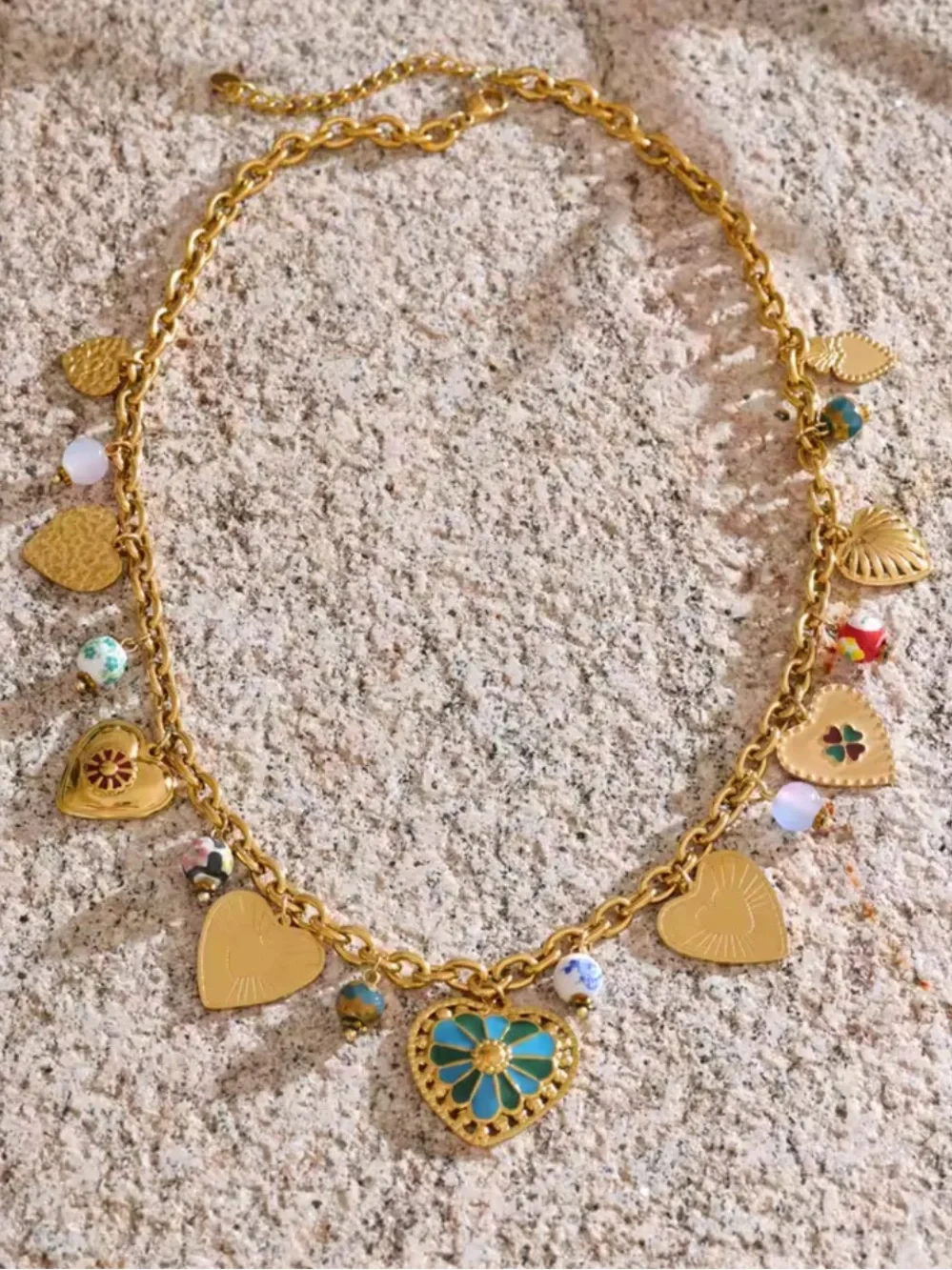 Mosaic Gold Heart Charm Necklace with Turquoise and Multicolor Beads - Picture 9 of 10